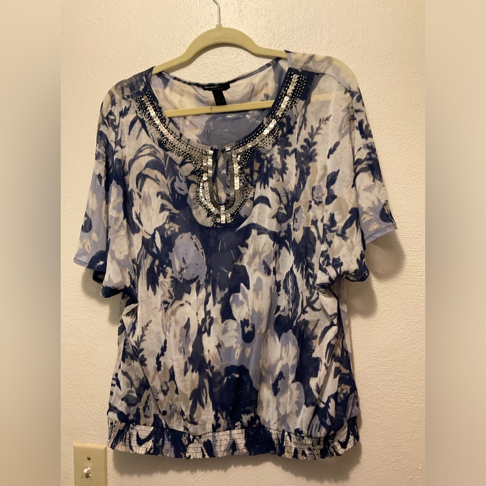 Alfani XL blue floral sheer blouse beaded neckline
